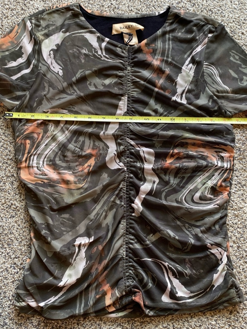 Bailey 44 Black Swirl Mesh Ruched Long-Sleeve Top with Peach Accents - Picture 3 of 7